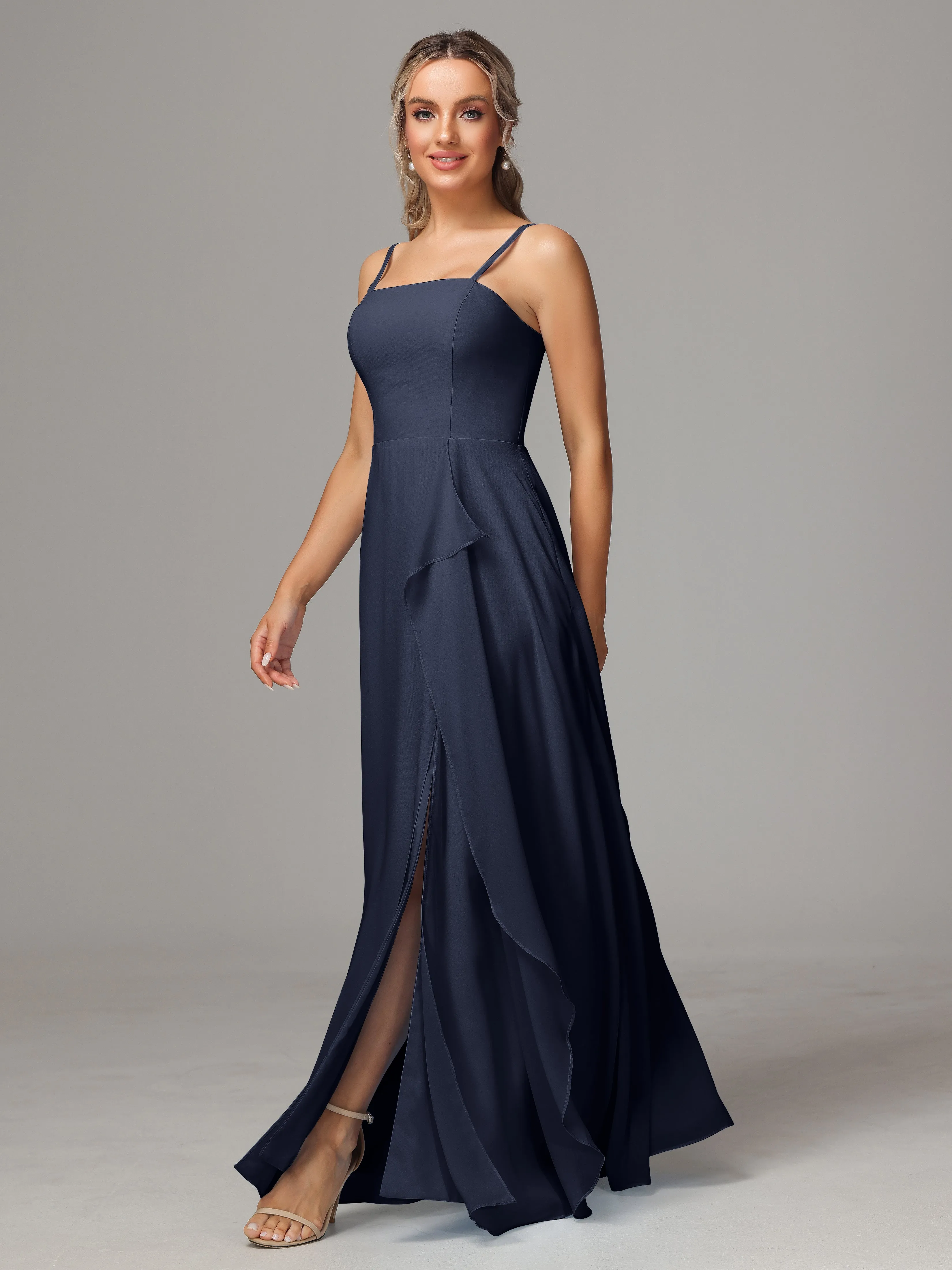 A-Line Ruffles Spaghetti Straps Chiffon Bridesmaid Dresses With Split