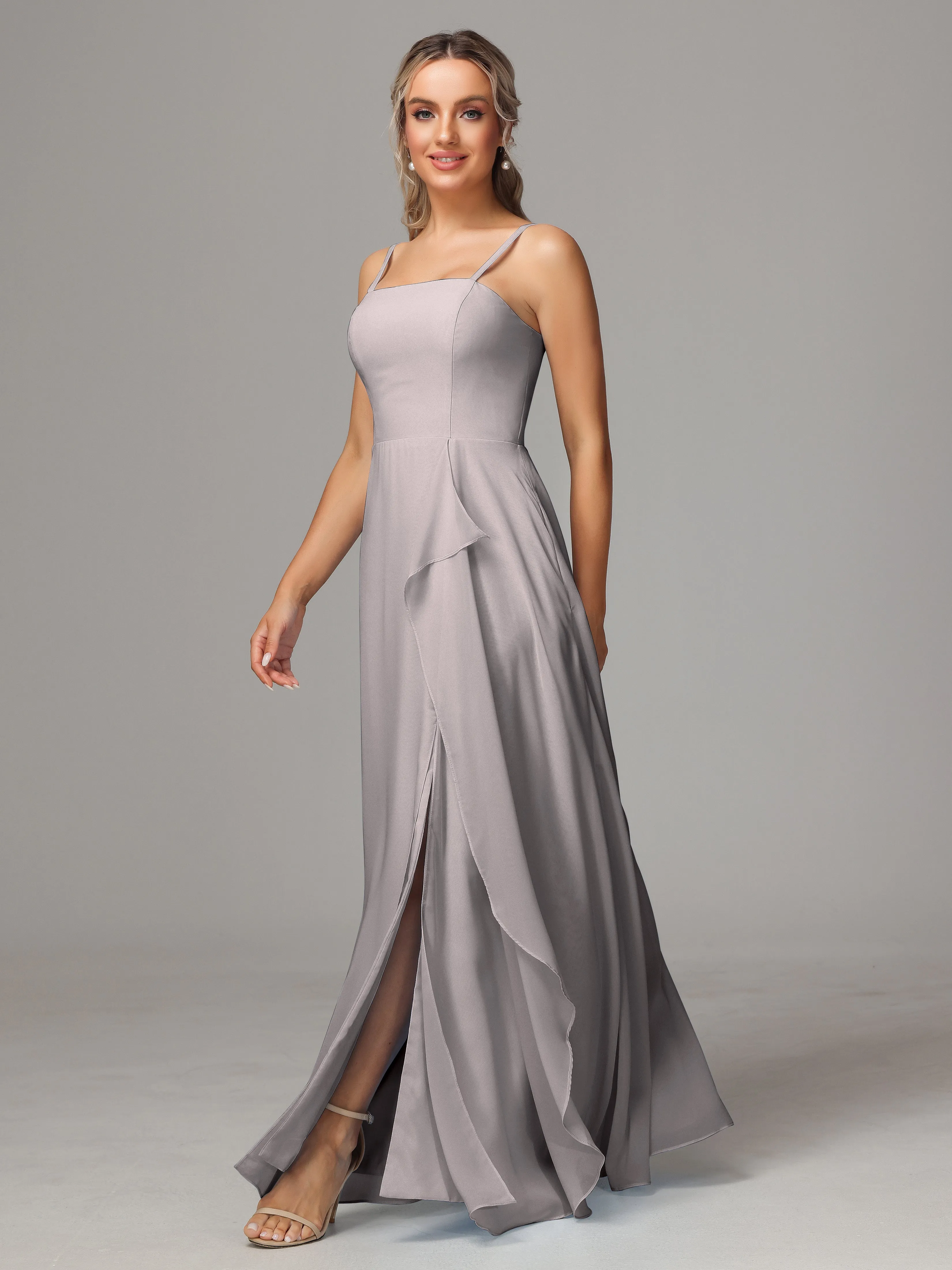 A-Line Ruffles Spaghetti Straps Chiffon Bridesmaid Dresses With Split