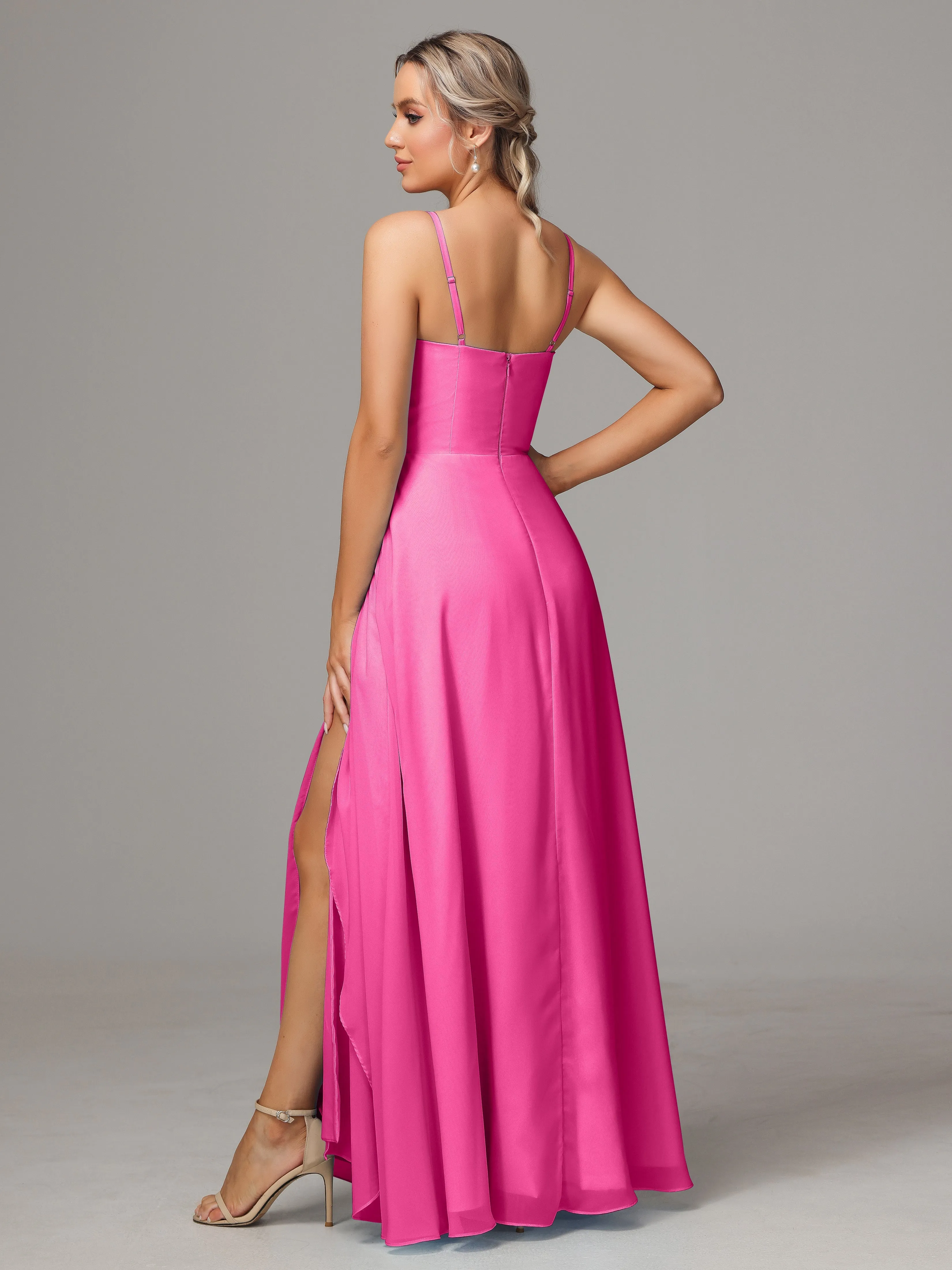 A-Line Ruffles Spaghetti Straps Chiffon Bridesmaid Dresses With Split