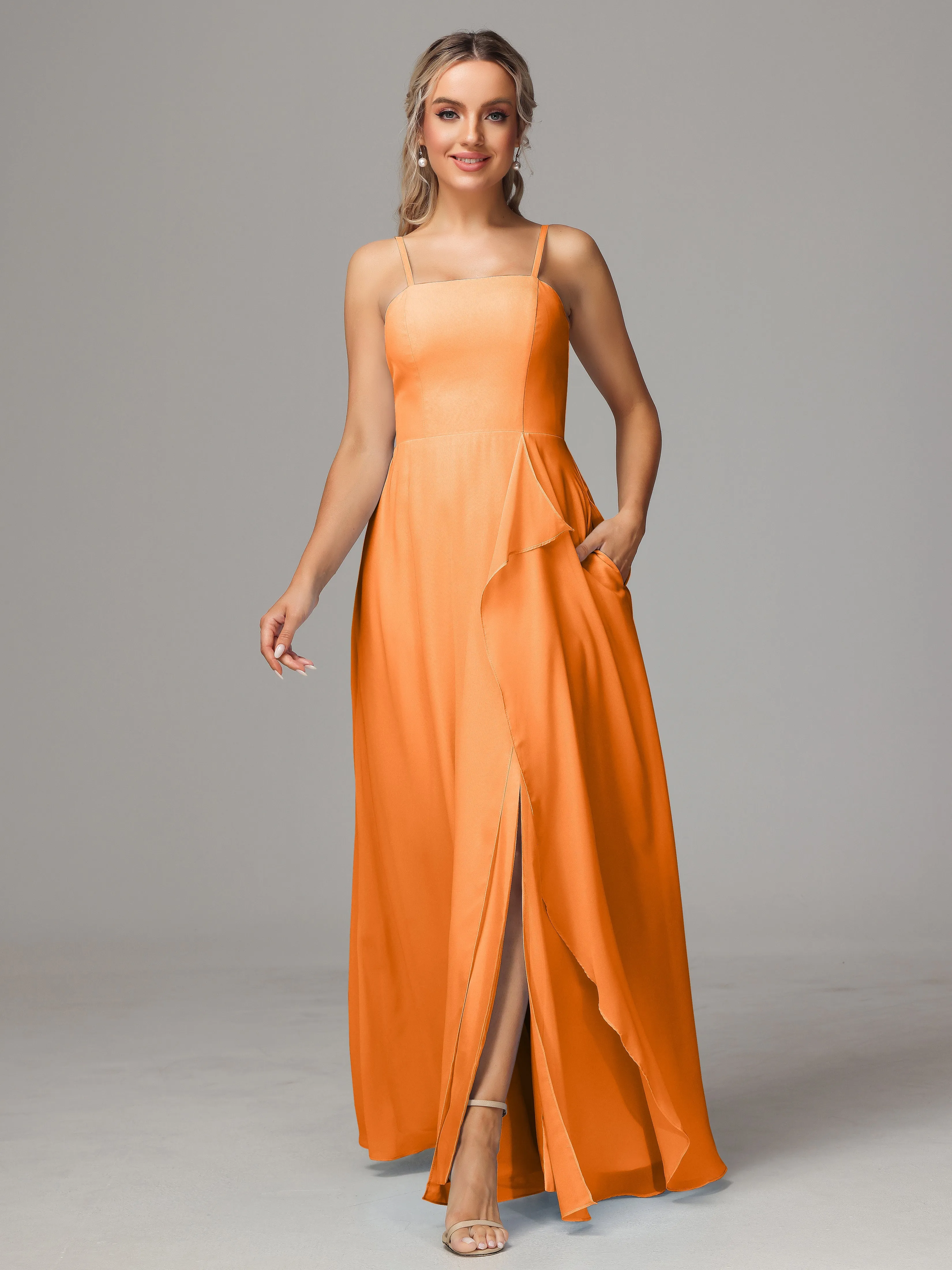 A-Line Ruffles Spaghetti Straps Chiffon Bridesmaid Dresses With Split