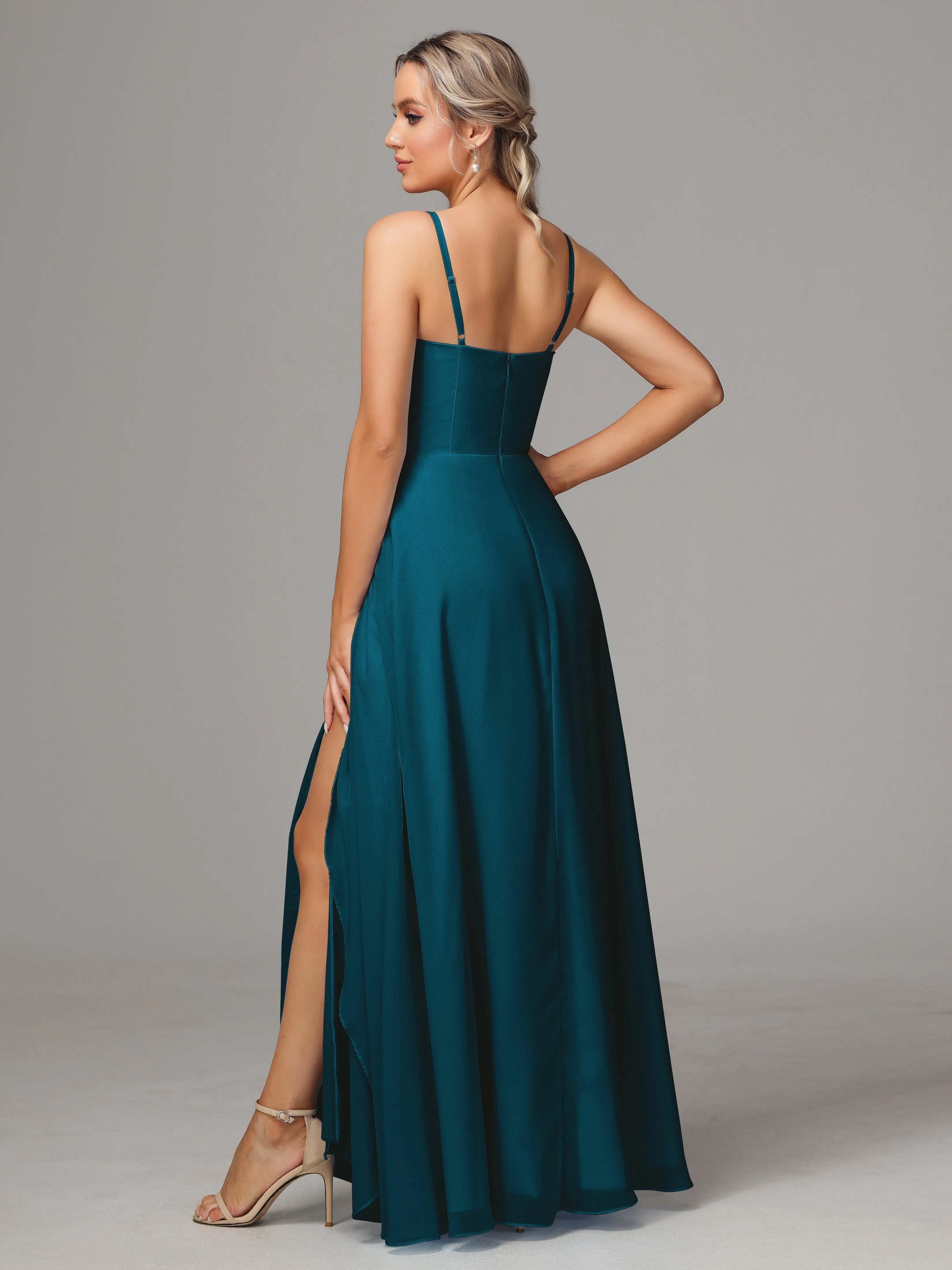 A-Line Ruffles Spaghetti Straps Chiffon Bridesmaid Dresses With Split