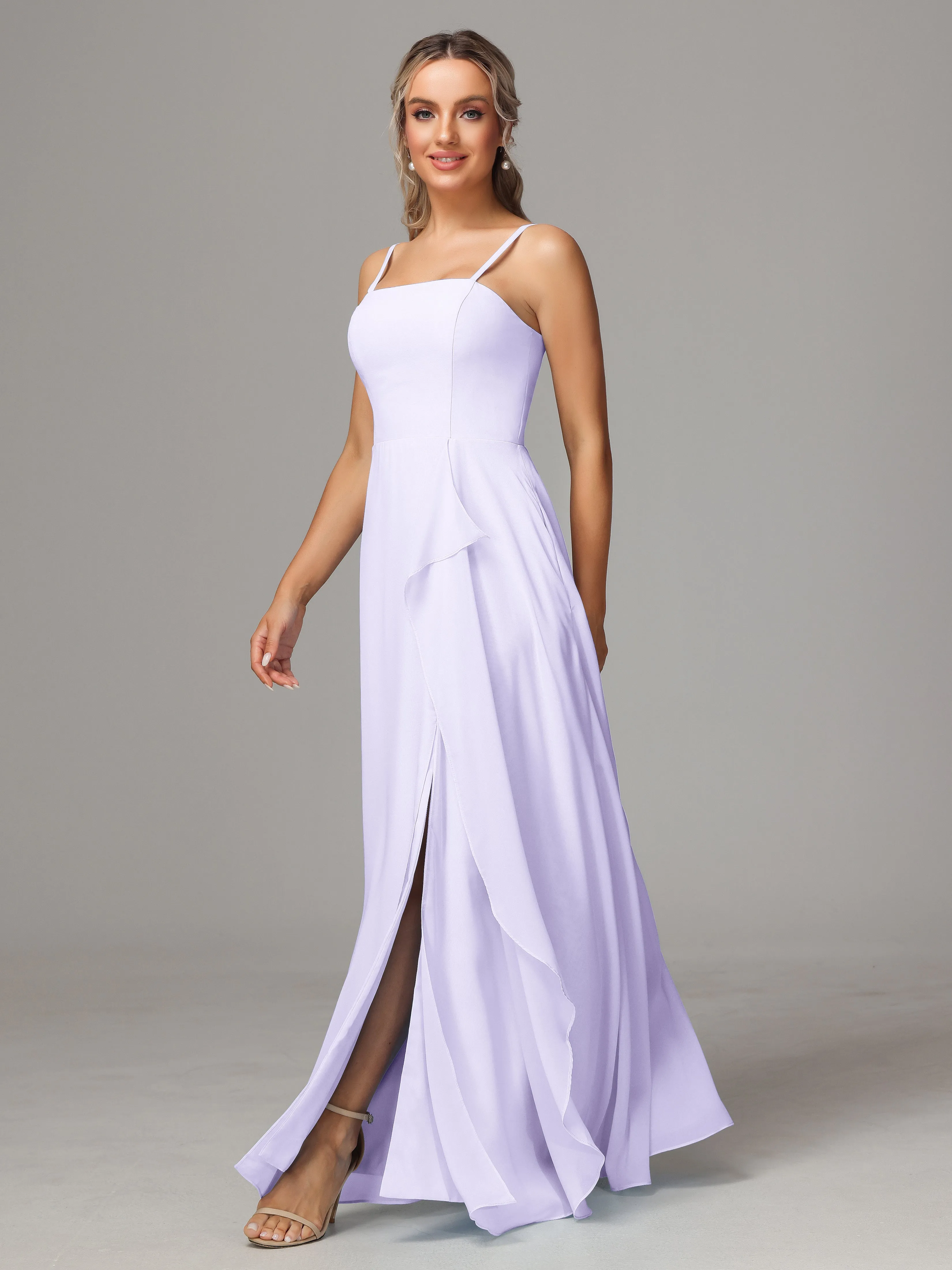 A-Line Ruffles Spaghetti Straps Chiffon Bridesmaid Dresses With Split