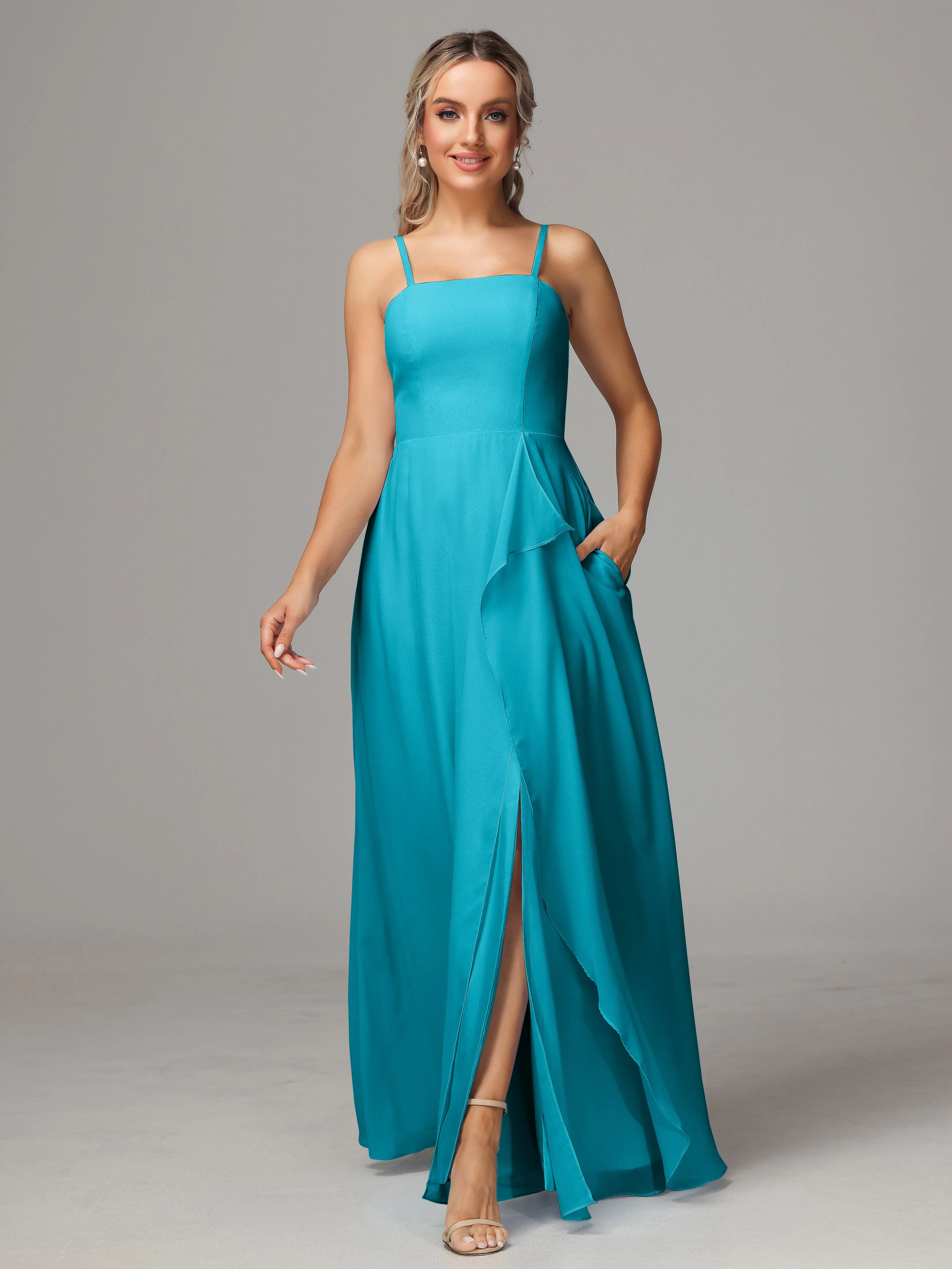 A-Line Ruffles Spaghetti Straps Chiffon Bridesmaid Dresses With Split