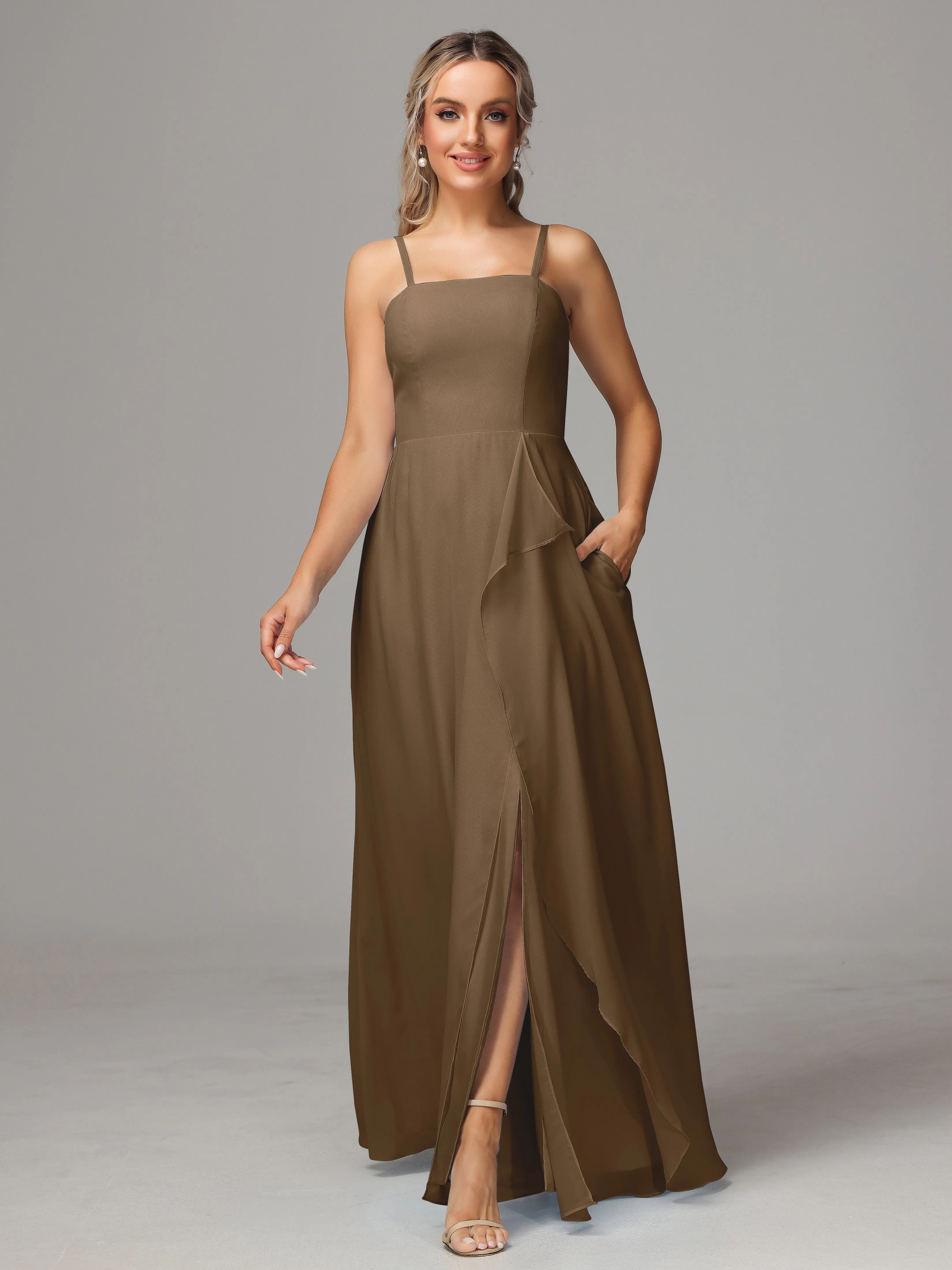 A-Line Ruffles Spaghetti Straps Chiffon Bridesmaid Dresses With Split