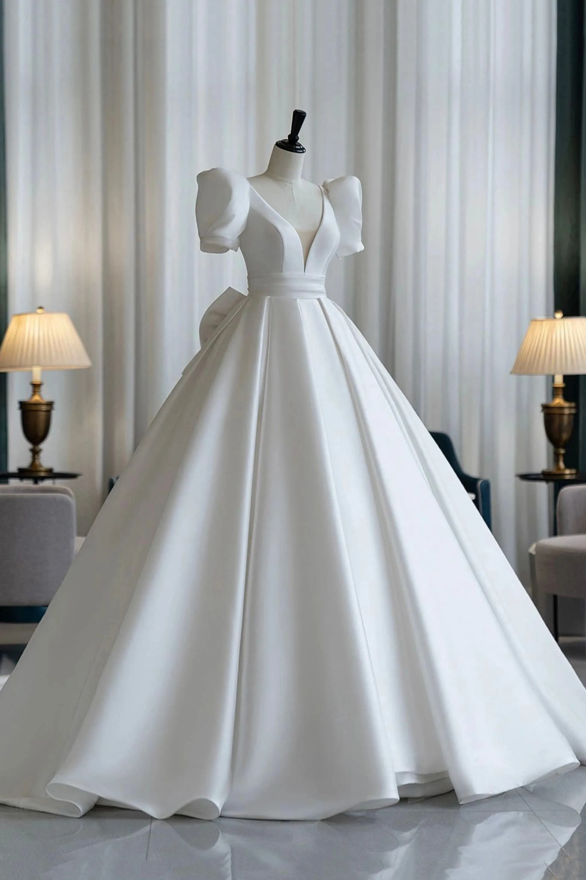 A-Line V-Neck Satin Wedding Dress, White Short Sleeve Bridal Gown with Bow