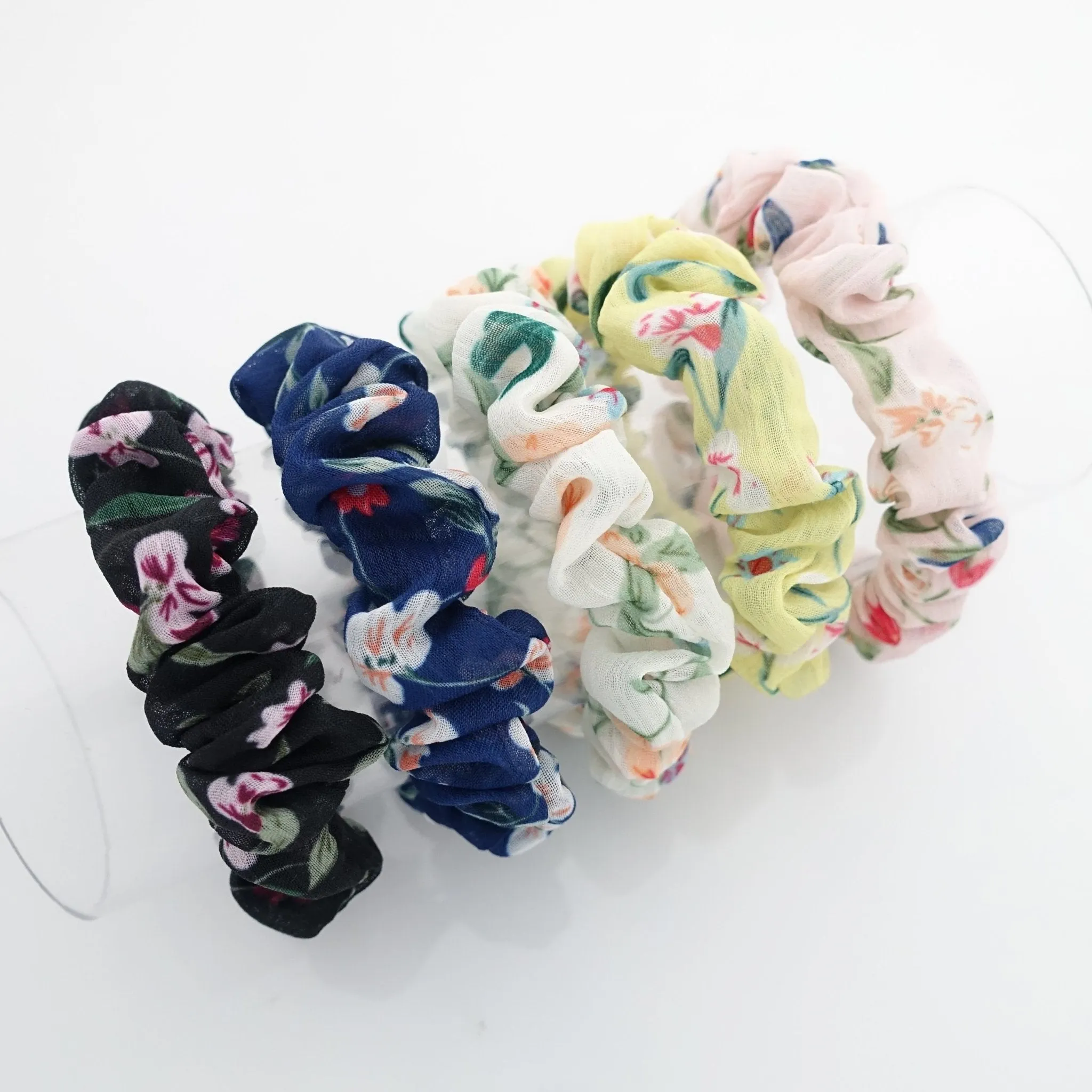 A Pack of 5 Flower Print Hair Elastic Mini Thin floral Scrunchies