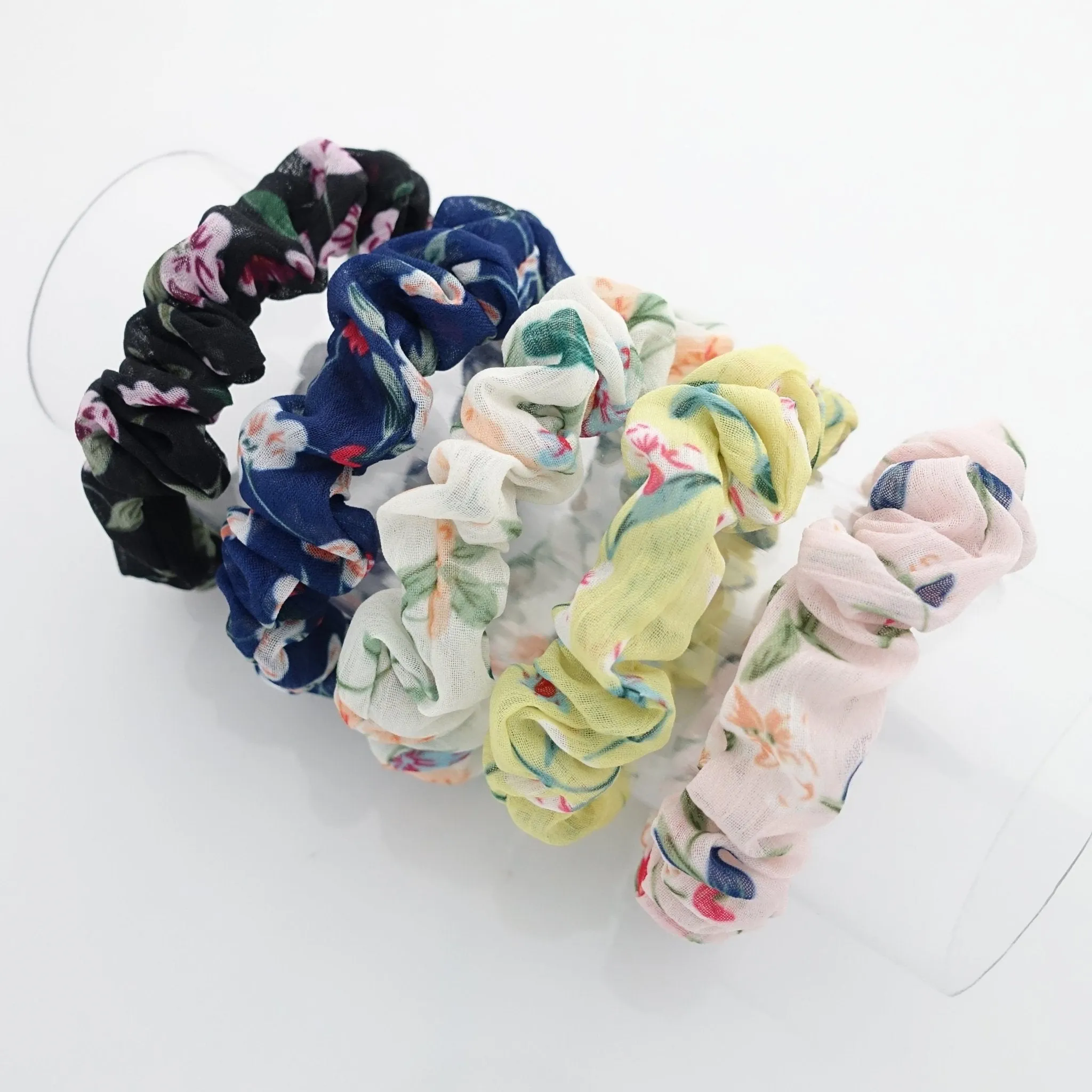 A Pack of 5 Flower Print Hair Elastic Mini Thin floral Scrunchies