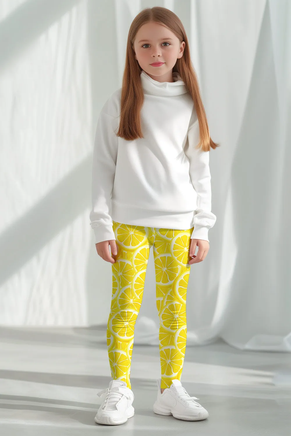 A Piece of Sun Lucy Yellow Lemon Print Cute Summer Leggings - Kids