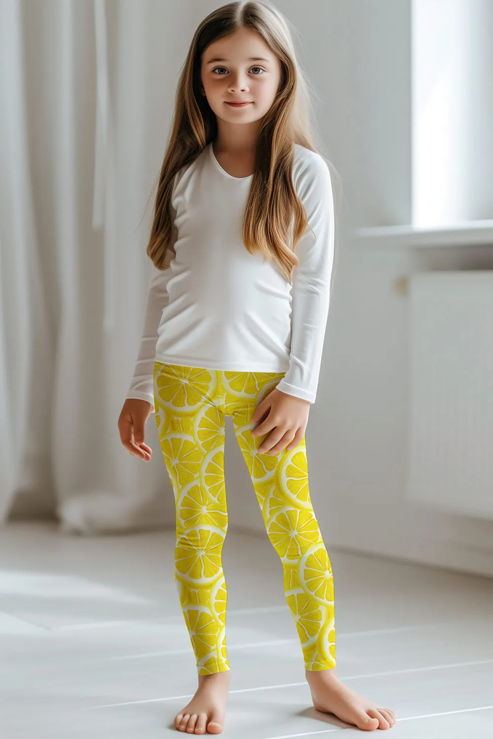 A Piece of Sun Lucy Yellow Lemon Print Cute Summer Leggings - Kids