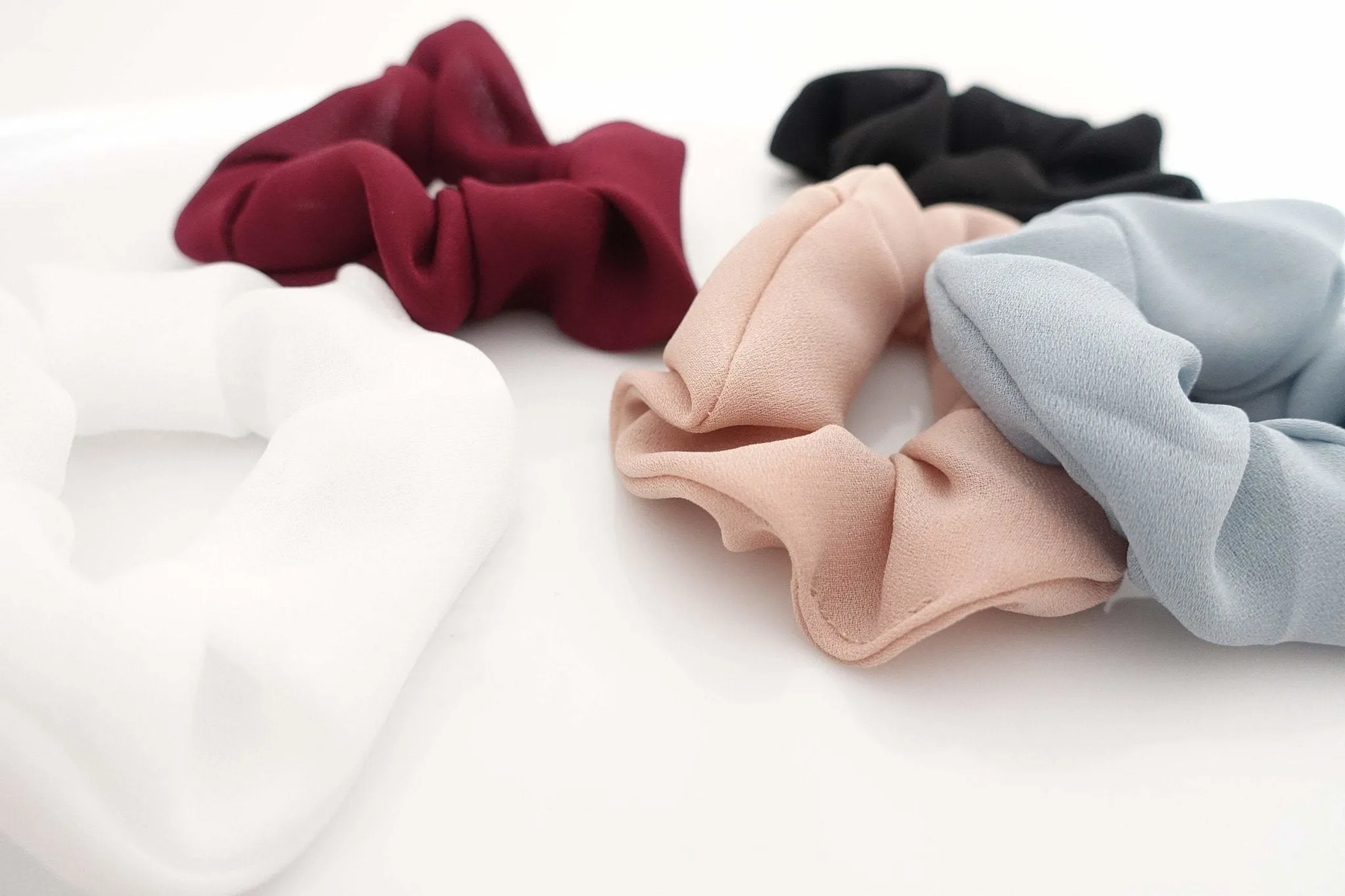 a set of 5 solid chiffon scrunchies small medium scrunchie woman hair accessory pack