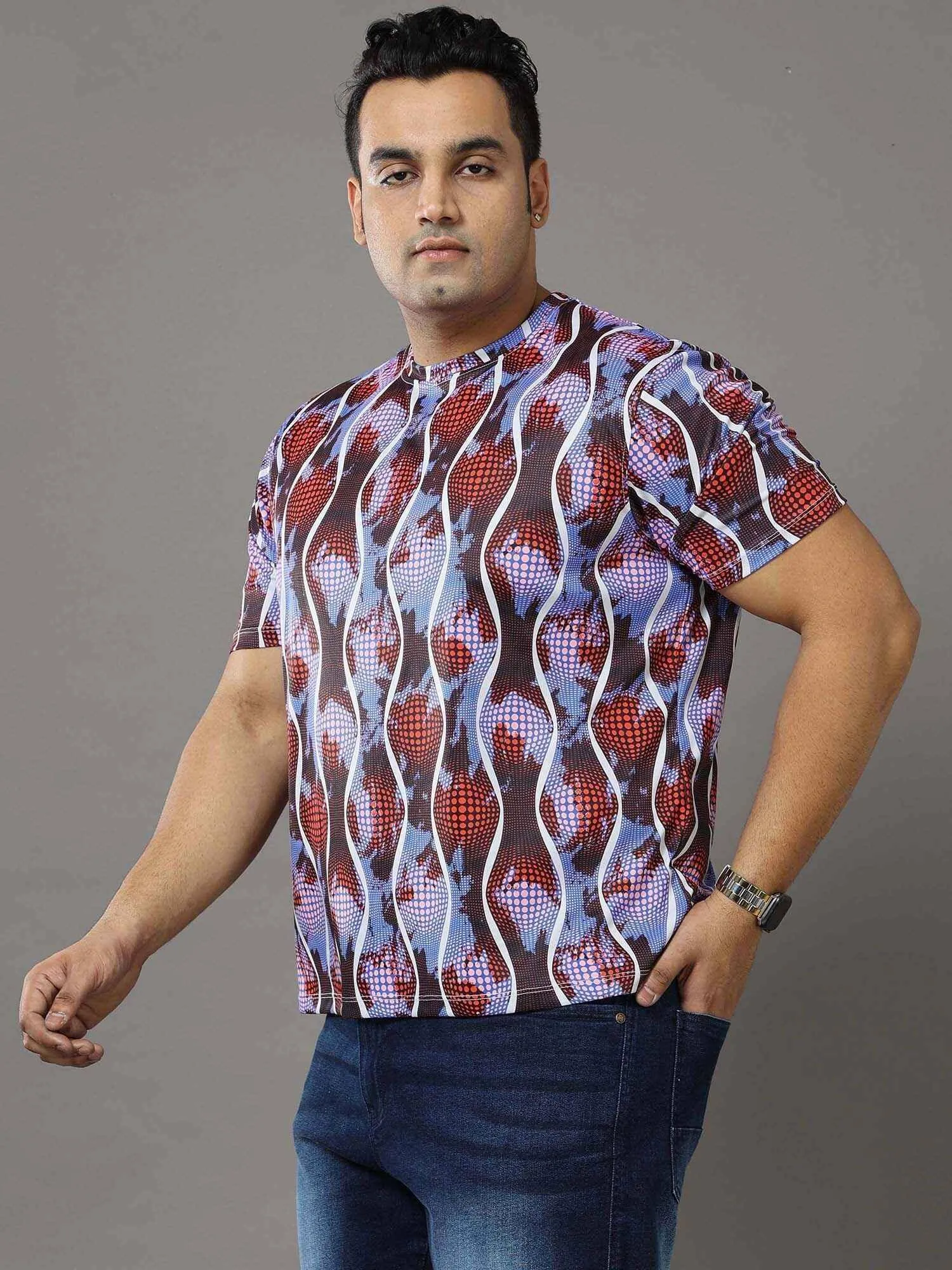 Abstract Printed Round Neck T-Shirt Men's Plus Size