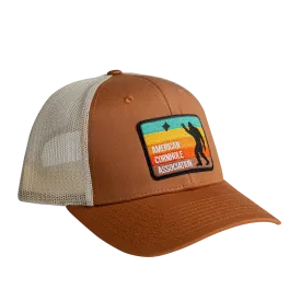 ACA Tan and Cream Richardson Snapback Trucker Hat with Retro Sasquatch Patch