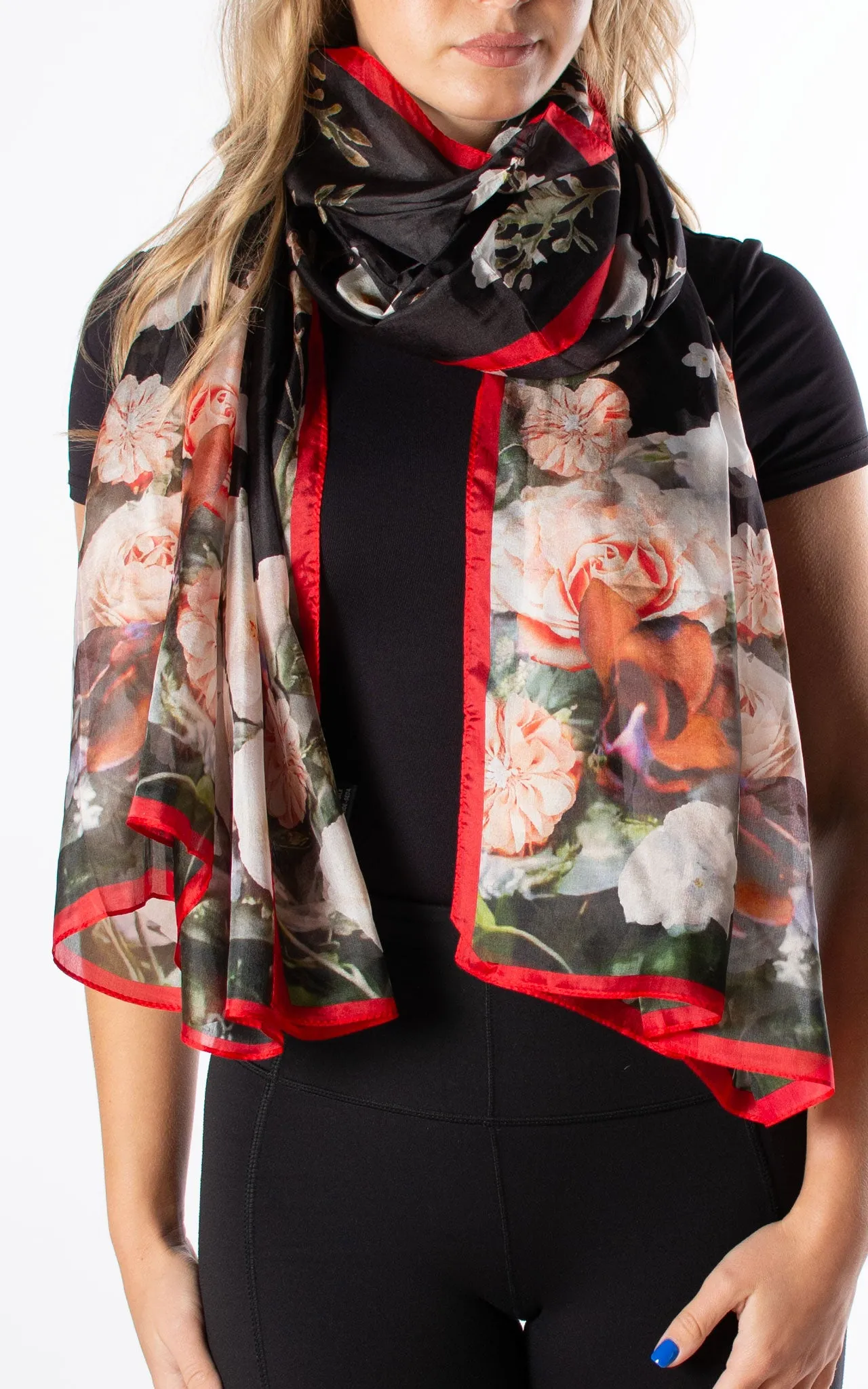 Acrylic Flowers Red Silk Scarf