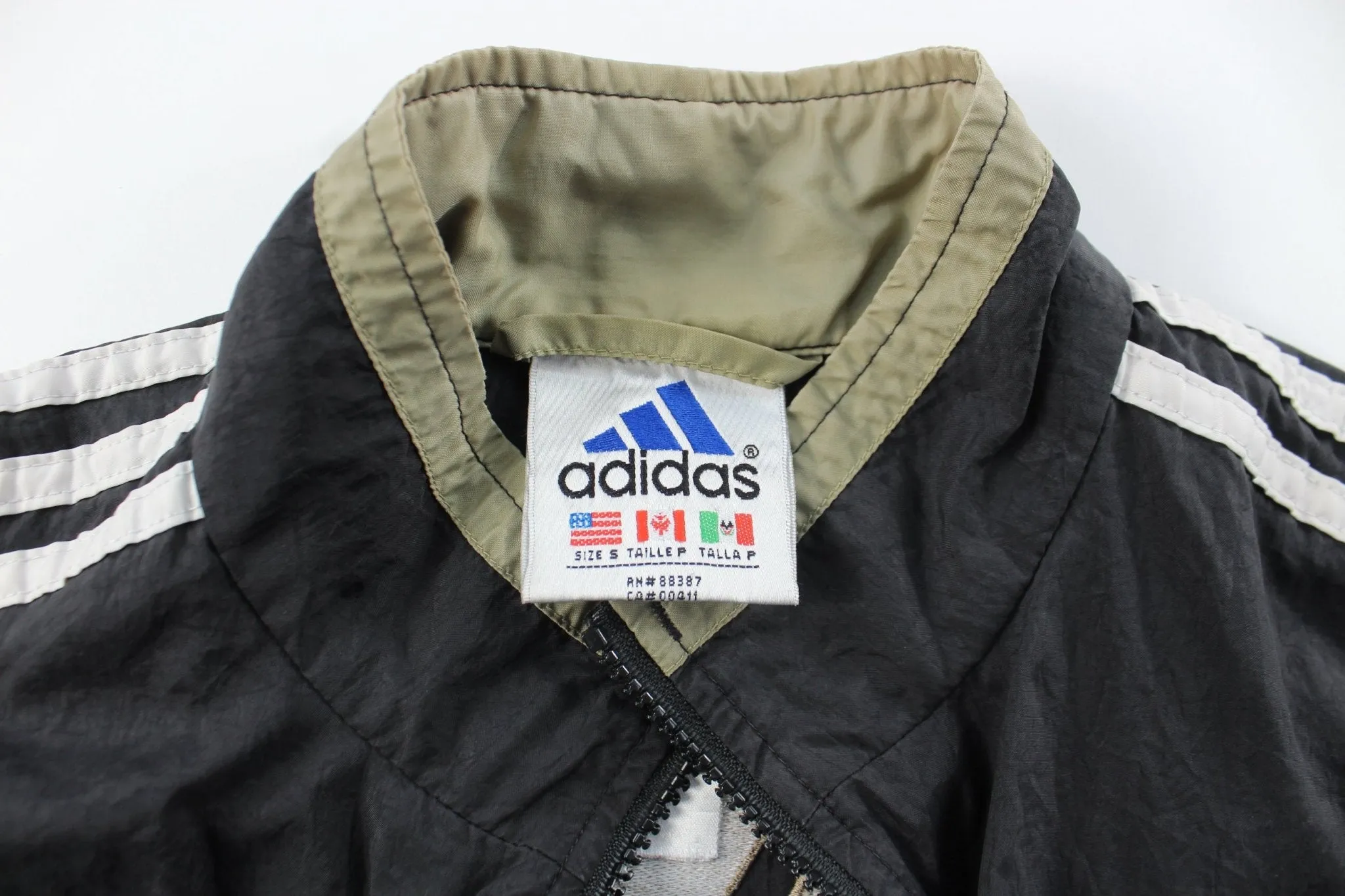 Adidas Embroidered Logo Black & Tan Striped Zip Up Jacket