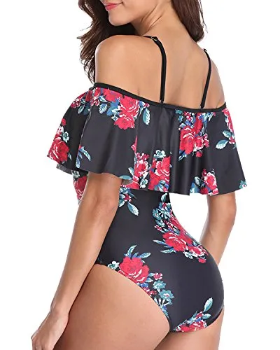 Adjustable Strap Off Shoulder One Piece Swimwear-Black Floral