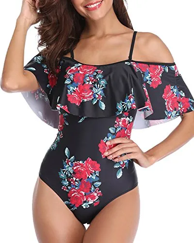 Adjustable Strap Off Shoulder One Piece Swimwear-Black Floral