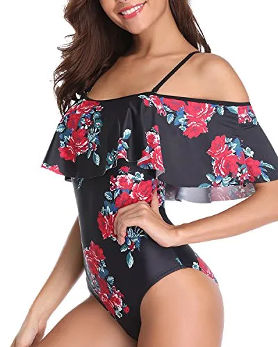 Adjustable Strap Off Shoulder One Piece Swimwear-Black Floral