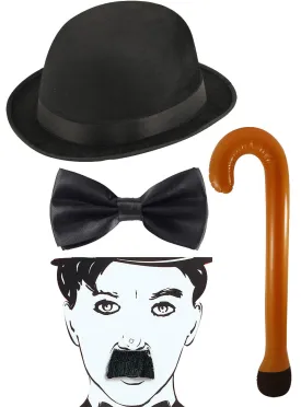 Adults Black Bowler Hat Inflatable Walking Stick Bow Tie Moustache Charlie Chaplin Fancy Dress