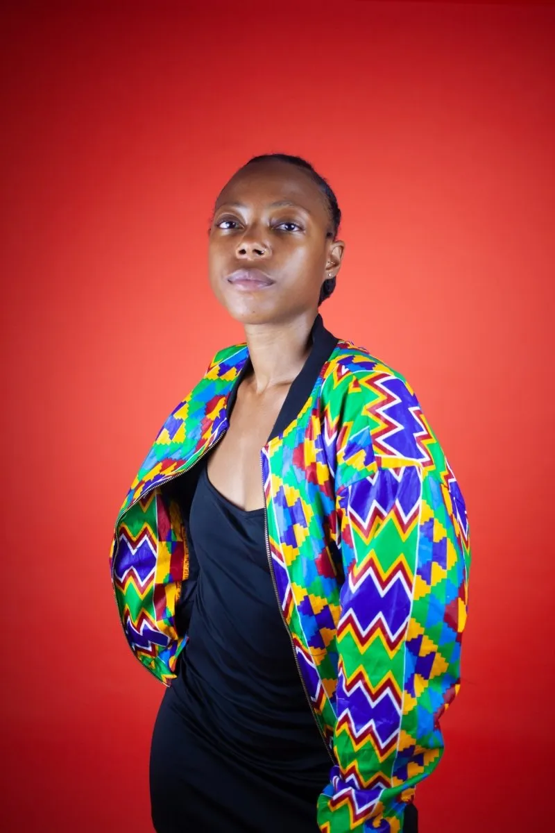 African Bomber Jacket In Electric Blue Kente Print