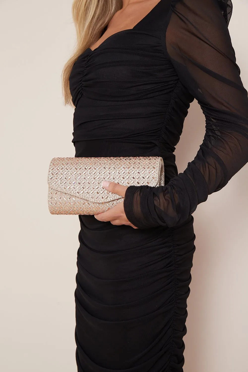 Aftershock London Rose Gold Diamante Evening Clutch Bag