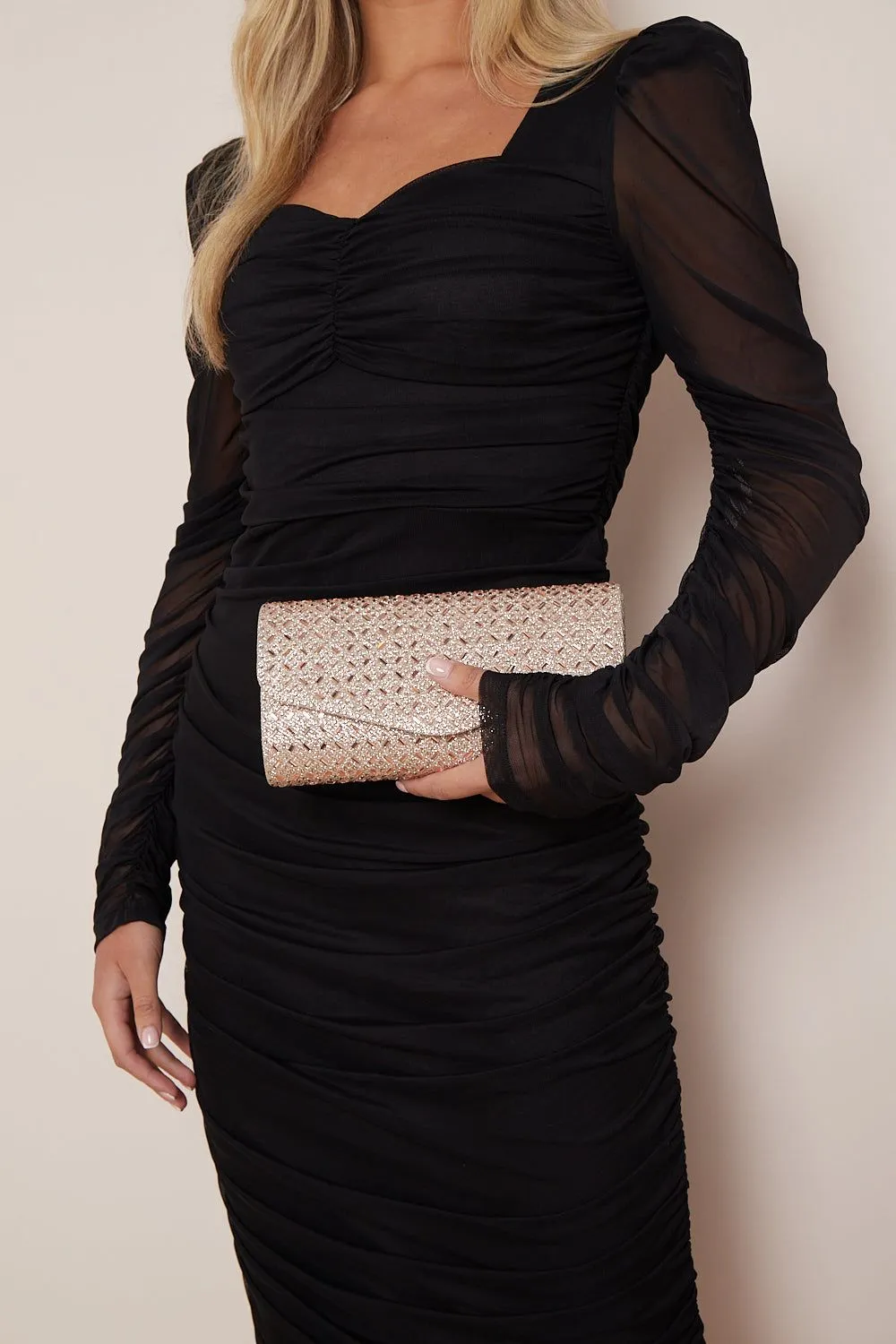 Aftershock London Rose Gold Diamante Evening Clutch Bag