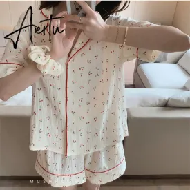 Aiertu  Cotton Suits with Shorts Girl Korean Women's Pajamas Kawaii Pyjama Cherry Print Pijama Short Sleeve Sleepwear Nightie Pjs