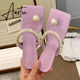 Aiertu Elegant Square Toe Woman Dress Shoes Fashion Low Heels Slippers Ladies New Design Pearl String Bead Strap Sandals