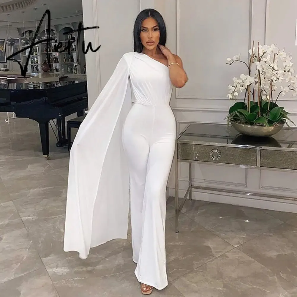 Aiertu Long Sleeve Single Shoulder With Long Tail Sexy Jumpsuit  Fall Winter Women Solid Party Elegant Streetwear Outfit