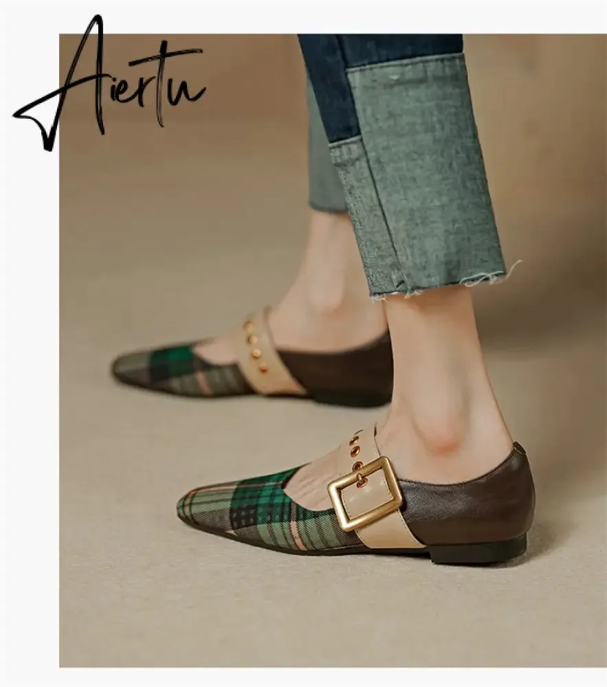 Aiertu New Popular Plaid Comfortable Mary Janes Shoes Fashion Square Toe Buckle Strap Ladies Shoes Spring/Autumn Pumps Women Shoes