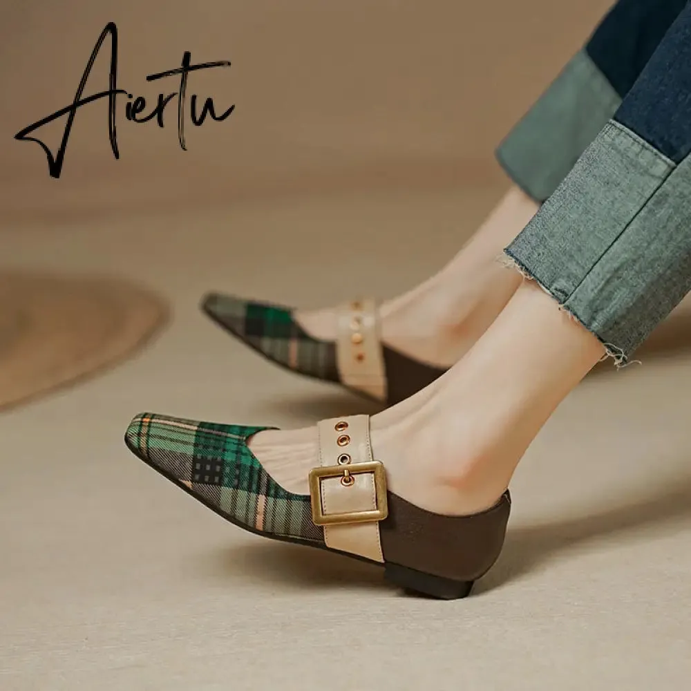 Aiertu New Popular Plaid Comfortable Mary Janes Shoes Fashion Square Toe Buckle Strap Ladies Shoes Spring/Autumn Pumps Women Shoes