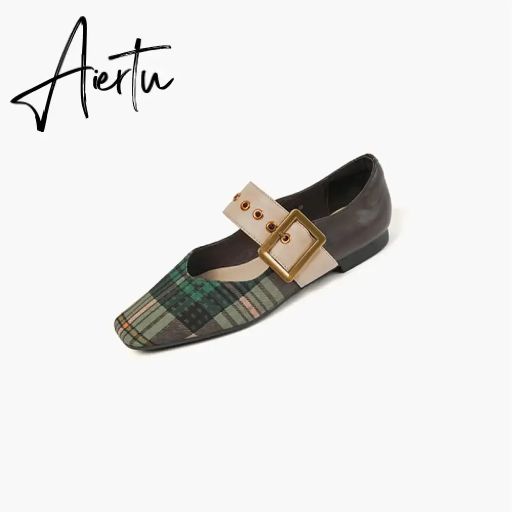 Aiertu New Popular Plaid Comfortable Mary Janes Shoes Fashion Square Toe Buckle Strap Ladies Shoes Spring/Autumn Pumps Women Shoes