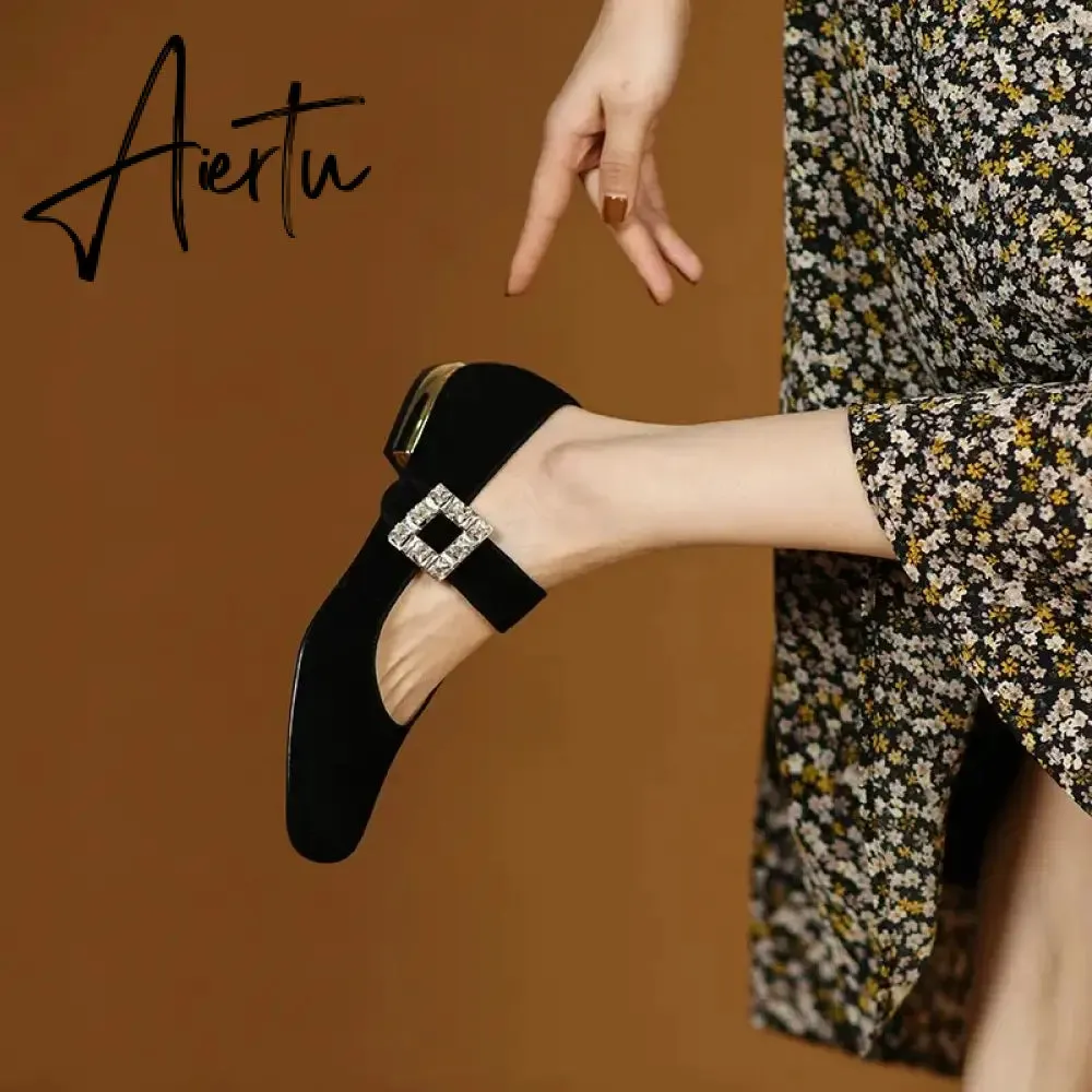 Aiertu New Popular Plaid Comfortable Mary Janes Shoes Fashion Square Toe Buckle Strap Ladies Shoes Spring/Autumn Pumps Women Shoes