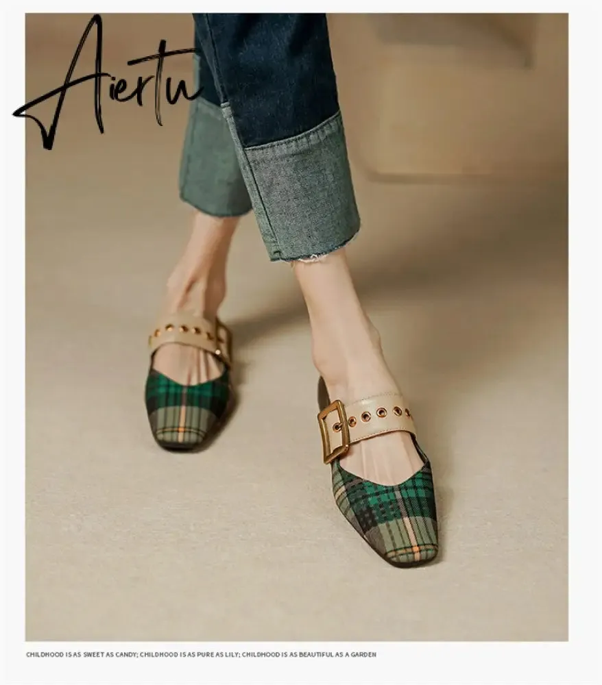 Aiertu New Popular Plaid Comfortable Mary Janes Shoes Fashion Square Toe Buckle Strap Ladies Shoes Spring/Autumn Pumps Women Shoes