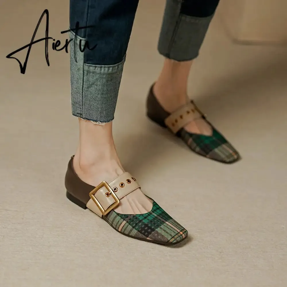 Aiertu New Popular Plaid Comfortable Mary Janes Shoes Fashion Square Toe Buckle Strap Ladies Shoes Spring/Autumn Pumps Women Shoes