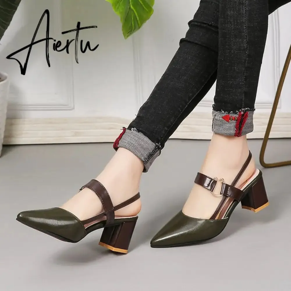 Aiertu Sandals Women's Summer New Pointy Chunky Sandals Large Size Women's Fashion Woman Shoes