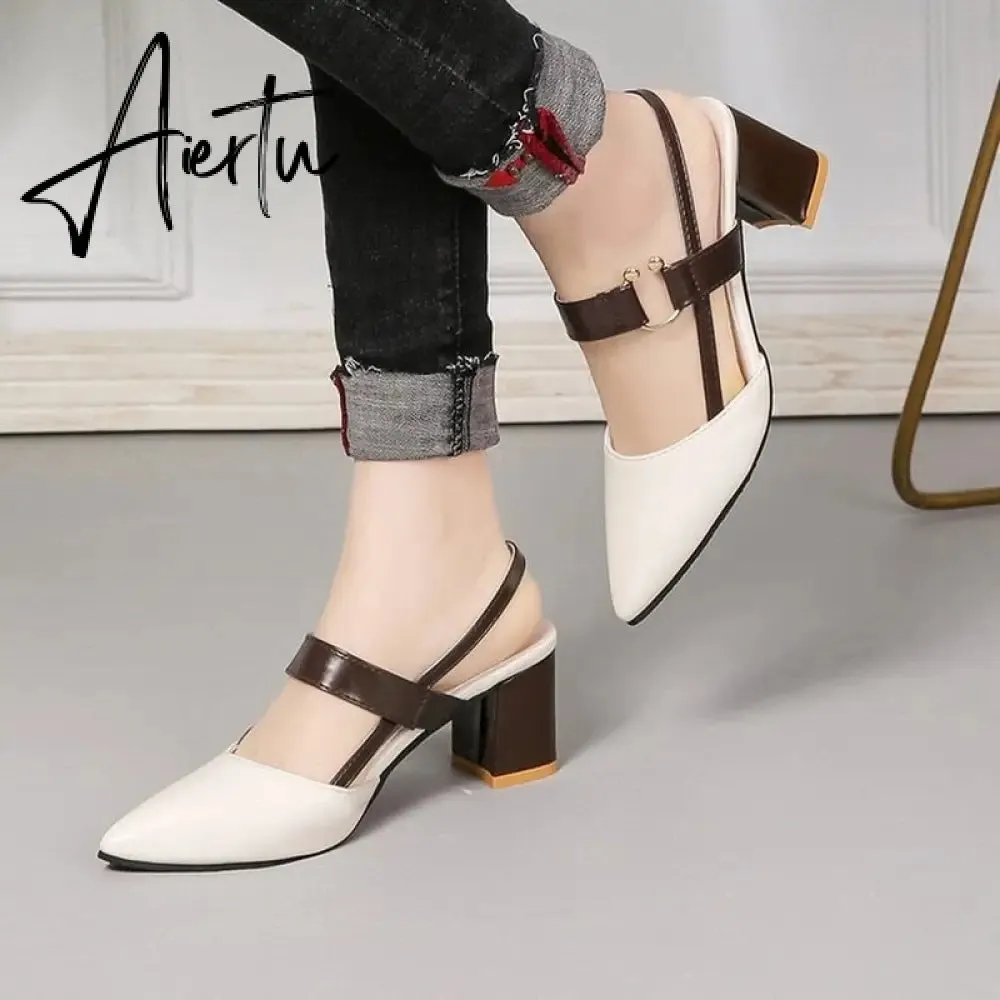 Aiertu Sandals Women's Summer New Pointy Chunky Sandals Large Size Women's Fashion Woman Shoes