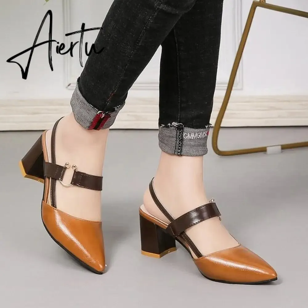 Aiertu Sandals Women's Summer New Pointy Chunky Sandals Large Size Women's Fashion Woman Shoes