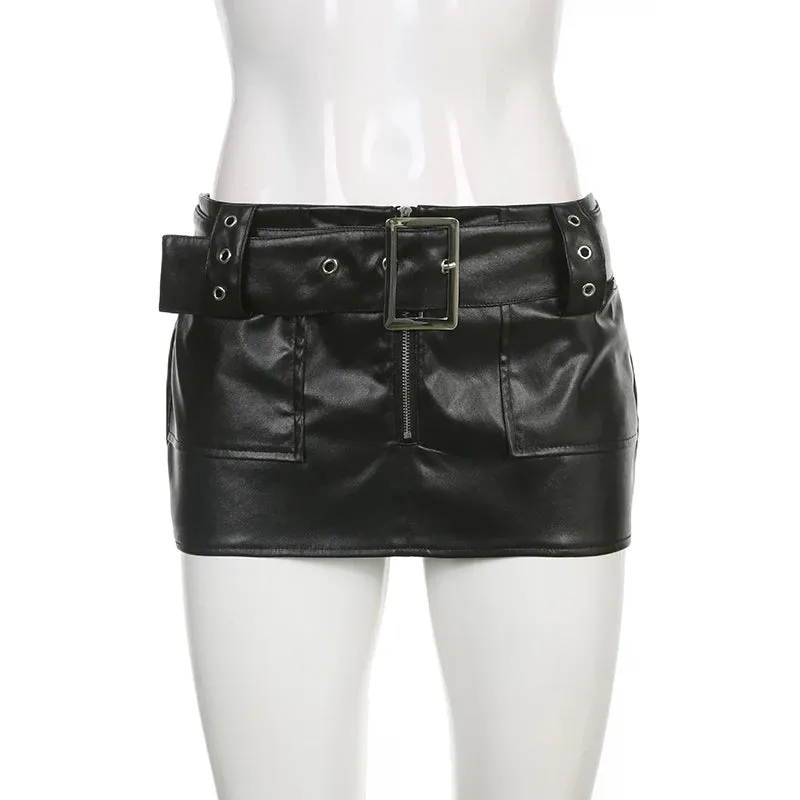 Aiertu Sexy Super Short Leather Skirt Punk Style PU Wide Belt Patchwork Low Rise Mini Skirts for Women Gothic y2k Aesthetic Chic