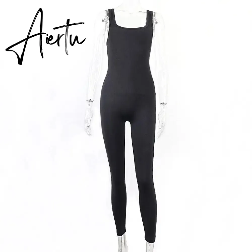 Aiertu  Sleeveless Solid Square Collar Ribbed Skinny Jumpsuit Summer Women Fashion Sexy Streetwear Lounghe Wear Y2K