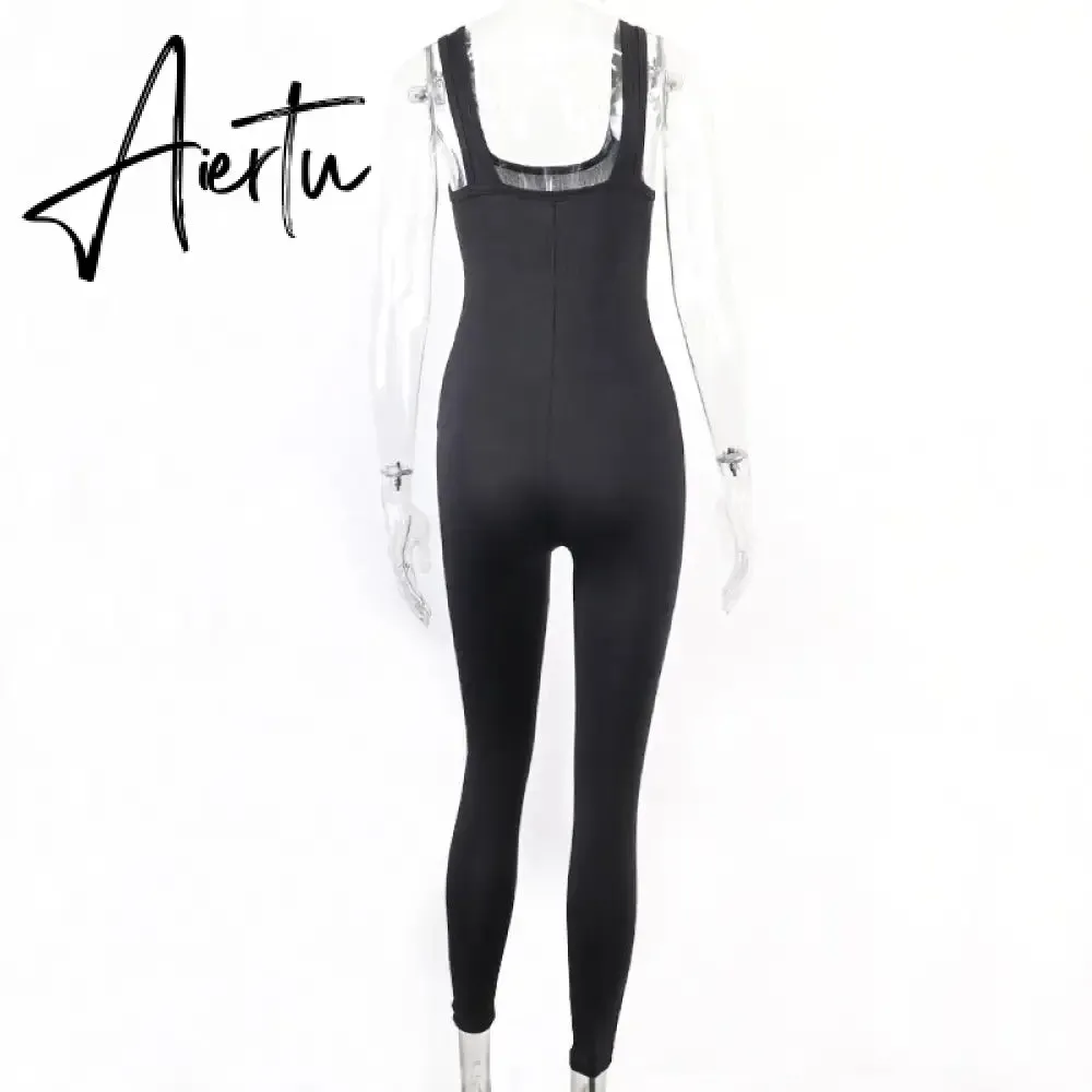 Aiertu  Sleeveless Solid Square Collar Ribbed Skinny Jumpsuit Summer Women Fashion Sexy Streetwear Lounghe Wear Y2K