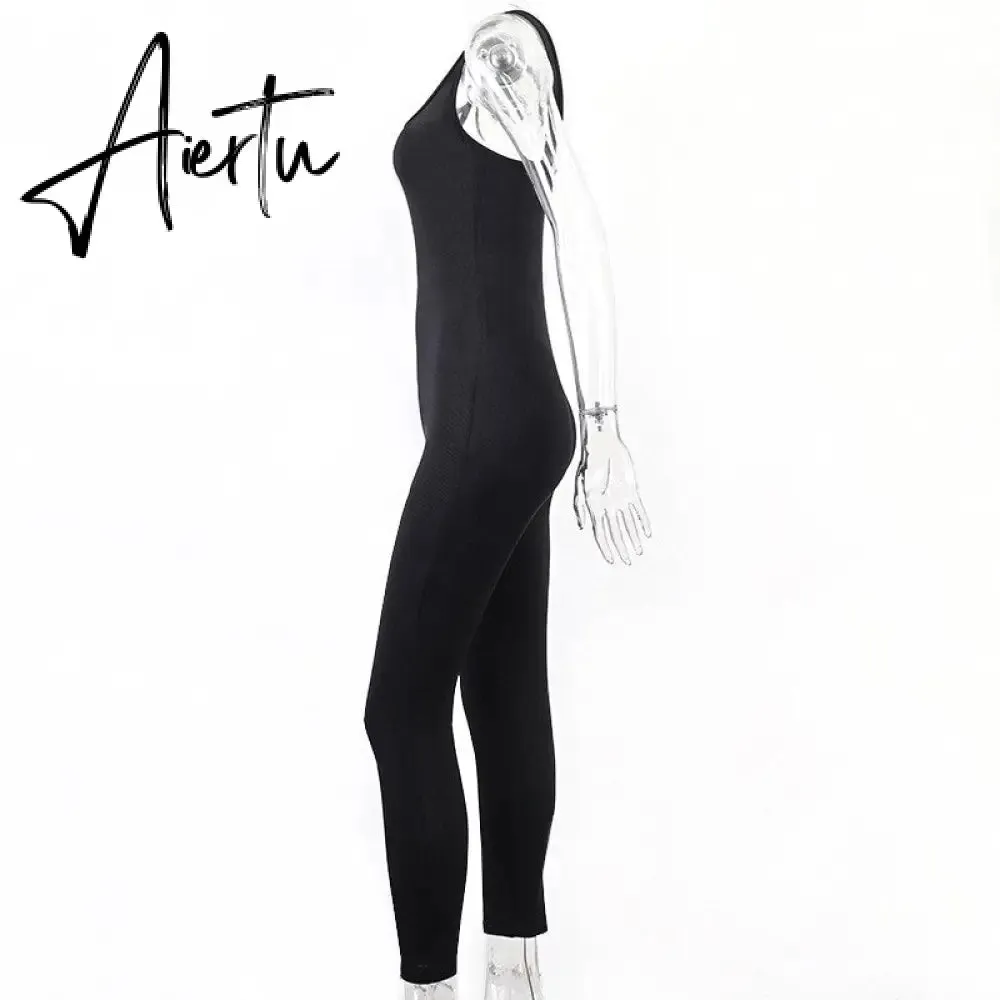 Aiertu  Sleeveless Solid Square Collar Ribbed Skinny Jumpsuit Summer Women Fashion Sexy Streetwear Lounghe Wear Y2K