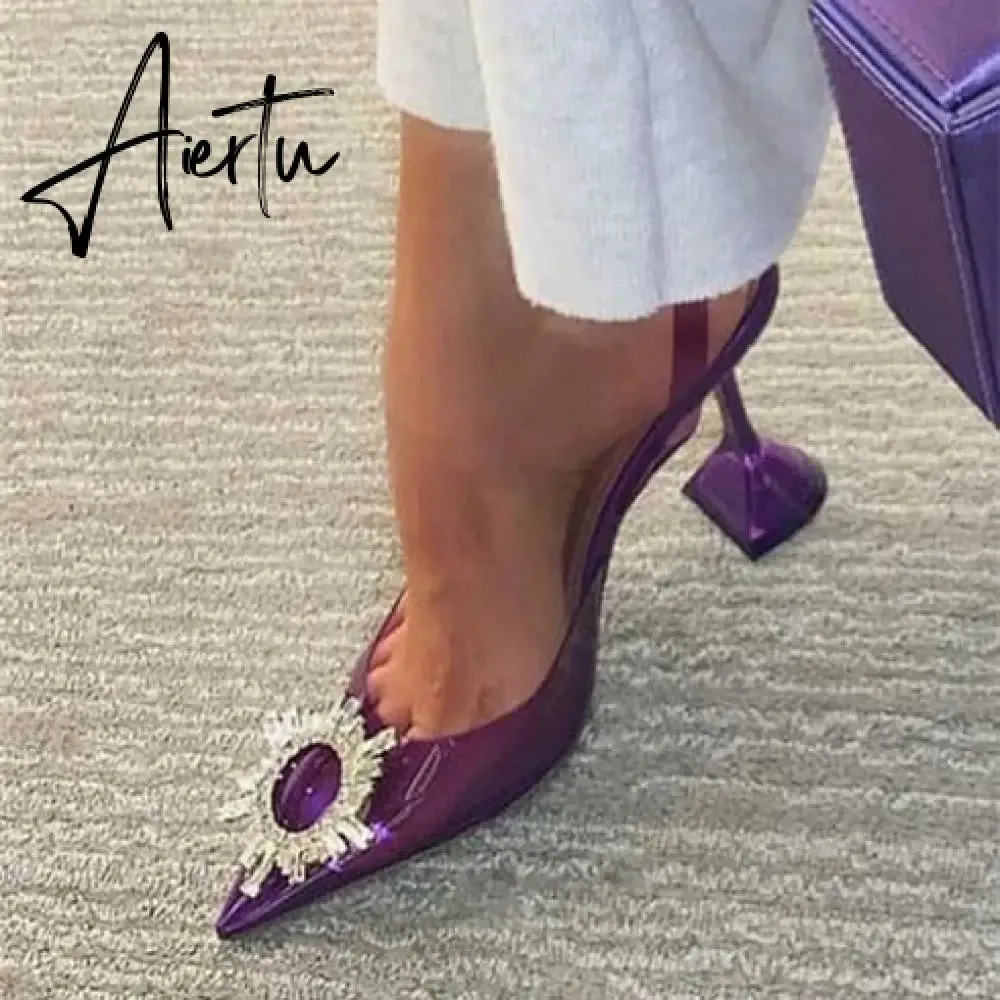 Aiertu Star style Green Blue Soft PVC Women Sandals Fashion Crystal Heeled Slingbacks Summer Shoes High heels Wedding Bride Shoes