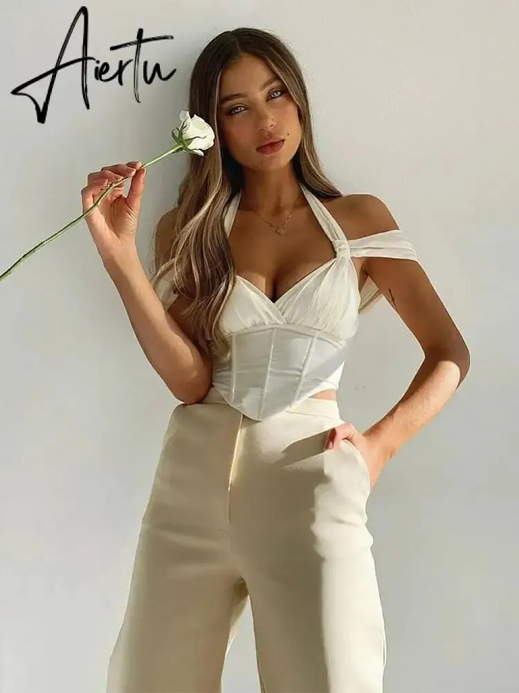 Aiertu Summer White Crop Top Women Clothes Solid Blue Sexy Outfits Cute Blouse Trendy Halter Top