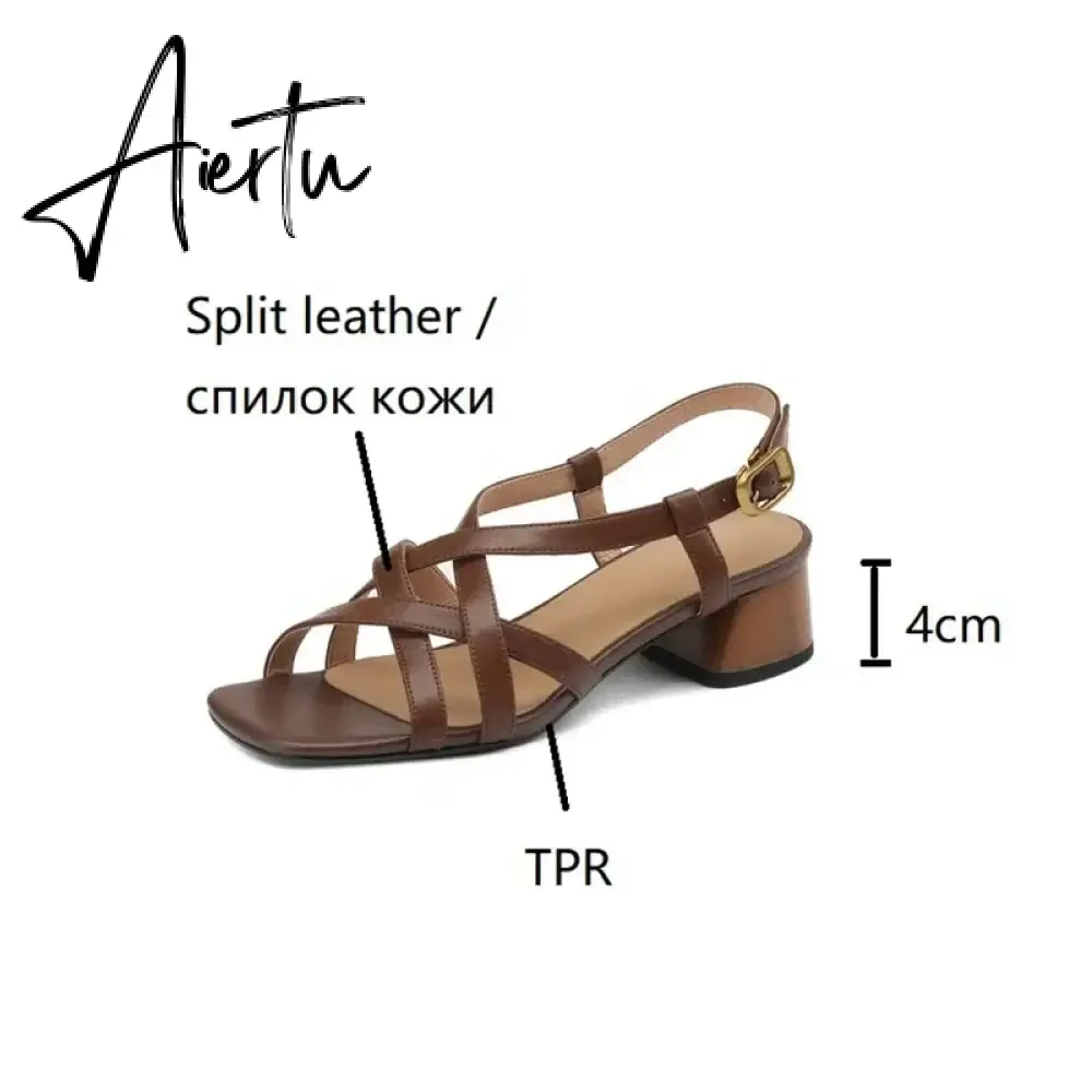 Aiertu Summer Women Shoes Open Toe Chunky Heel Women Sandals Split Leather High Heels Narrow Band Shoes Handmade Shoes for Women