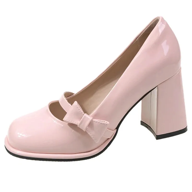 Aiertu Sweet Bowknot High Heels Mary Janes Women Cute Round Toe Patent Leather Pumps Woman Slip-On Square Heeled Bow Party Shoes Ladies