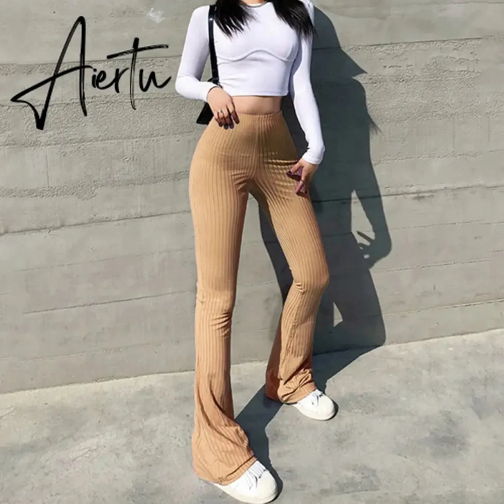 Aiertu Women Sexy Close-fitting Flared Pants, Solid Color High Waist Trousers