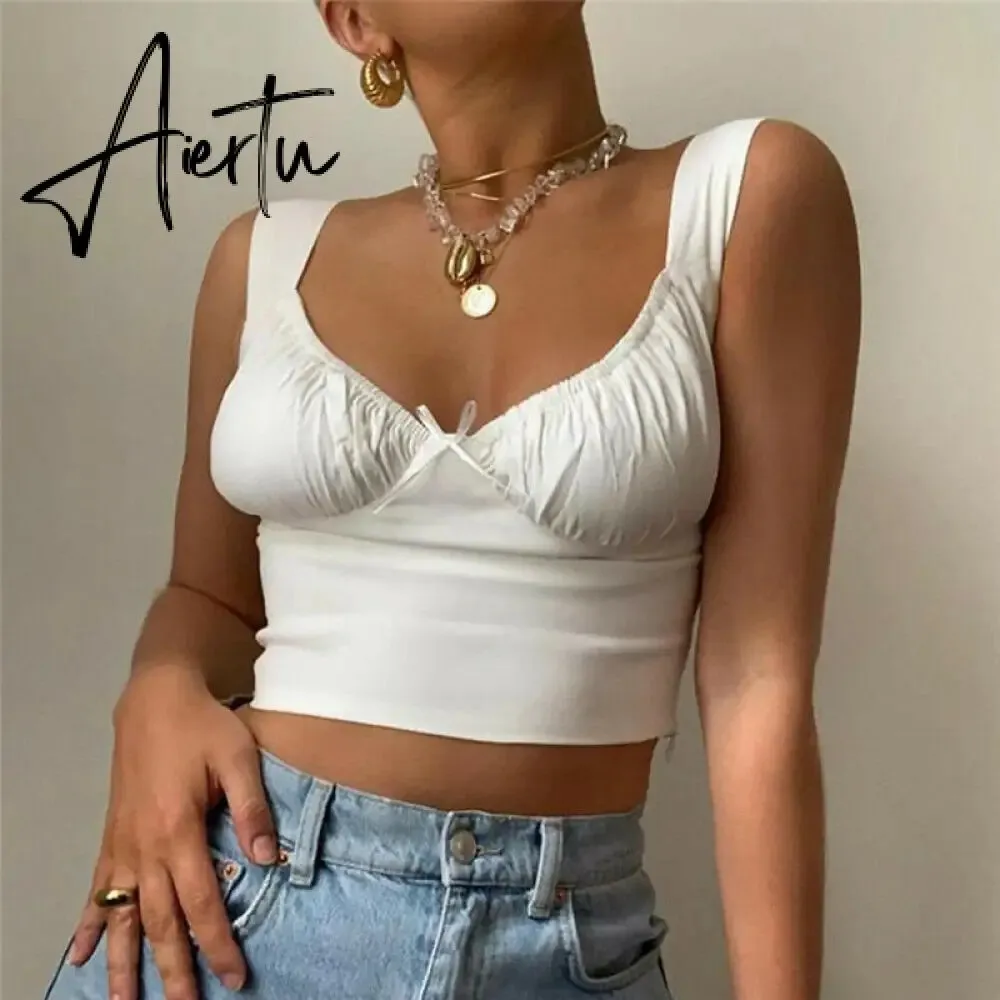 Aiertu  Women Summer Milkmaid Crop Tops Tanks Summer White Ruched Bow Slim Camis Ladies Wide Strap Tees Skinny Femme Camisole S M L