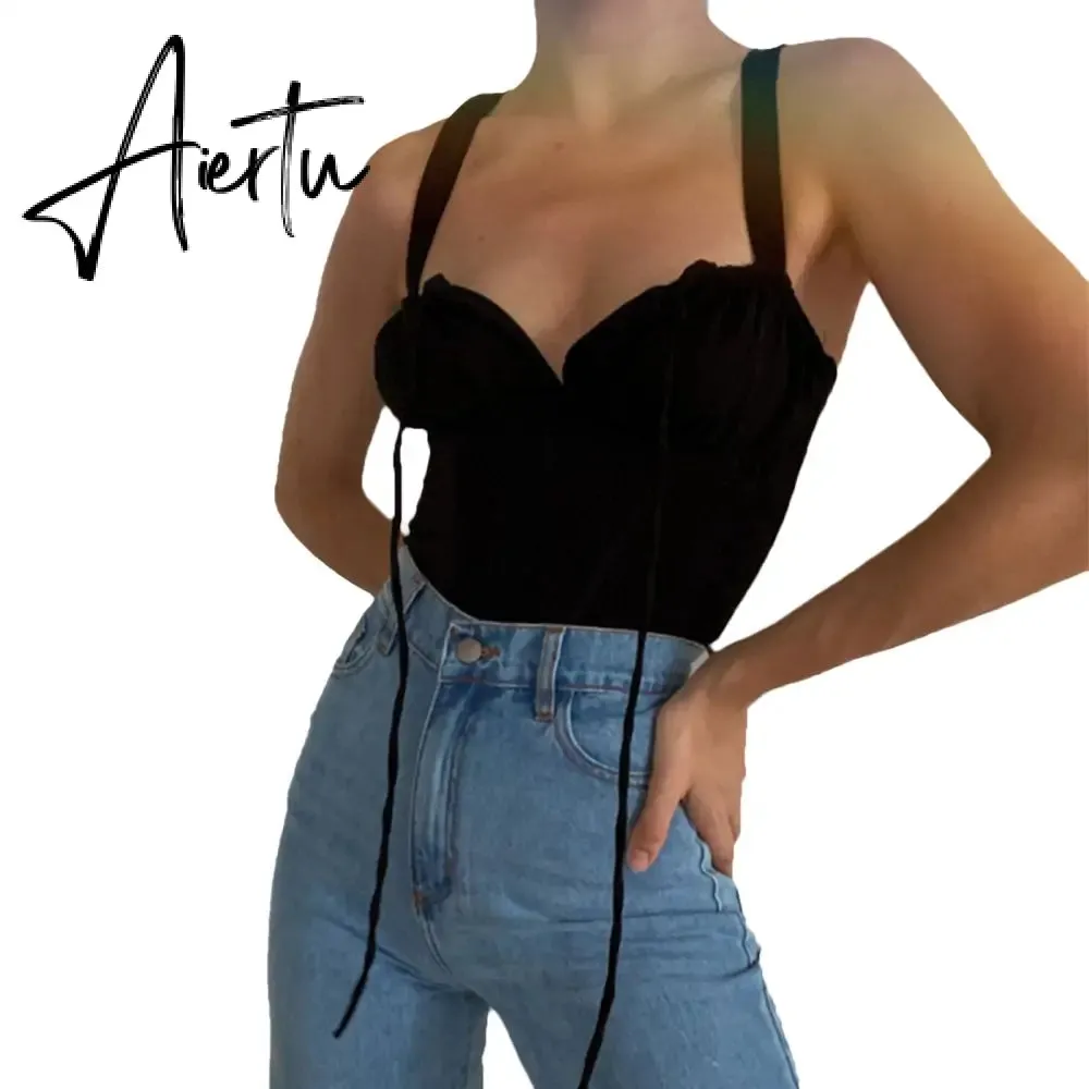 Aiertu  Women Summer Milkmaid Crop Tops Tanks Summer White Ruched Bow Slim Camis Ladies Wide Strap Tees Skinny Femme Camisole S M L