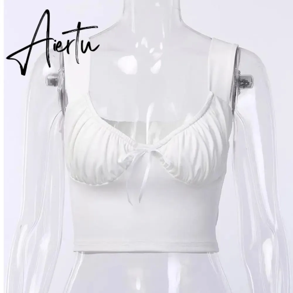 Aiertu  Women Summer Milkmaid Crop Tops Tanks Summer White Ruched Bow Slim Camis Ladies Wide Strap Tees Skinny Femme Camisole S M L