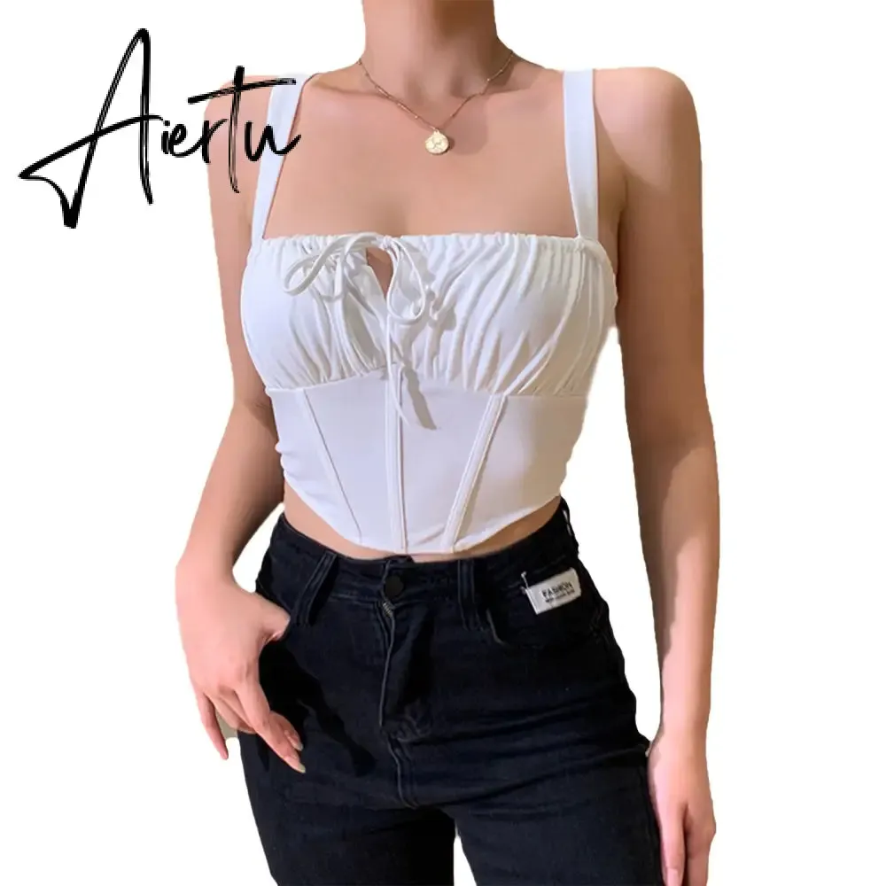 Aiertu  Women Summer Milkmaid Crop Tops Tanks Summer White Ruched Bow Slim Camis Ladies Wide Strap Tees Skinny Femme Camisole S M L